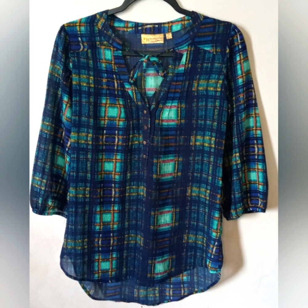 Princess Vera Wang Blue Green 3/4 Sleeve V Neck Blouse Women's Size S